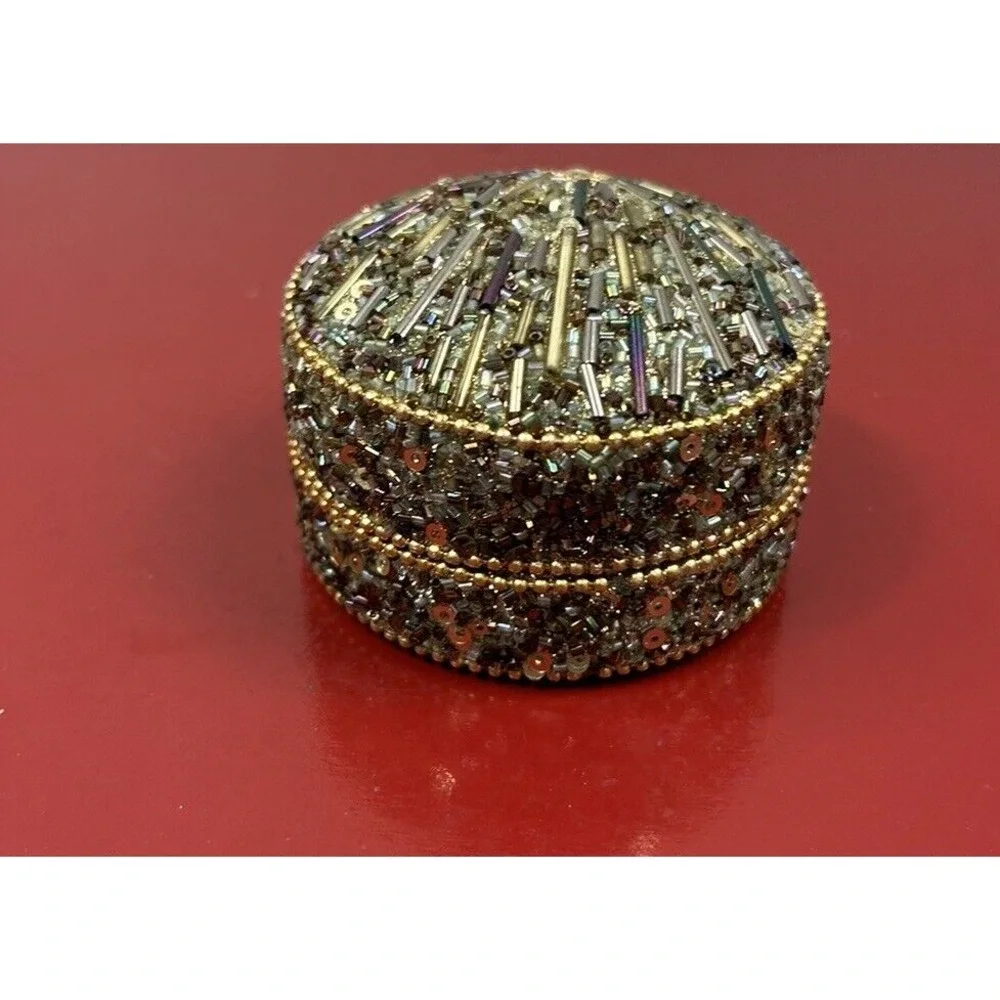 Sequin Covered Metal Trinket Box Black‎ Felt Linning